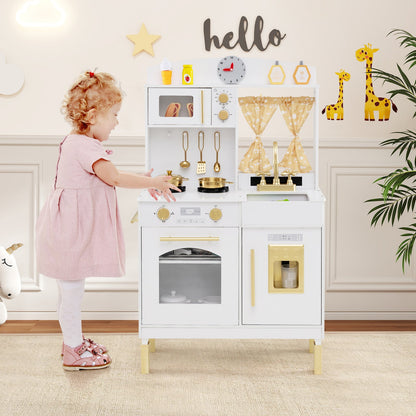 Play Kitchen for Kids Wooden Chef Pretend Playset with 3 Adjustable Heights Microwave
