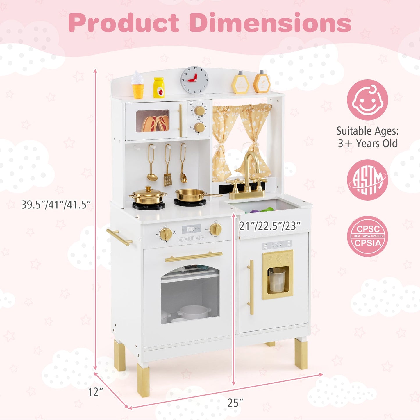 Play Kitchen for Kids Wooden Chef Pretend Playset with 3 Adjustable Heights Microwave