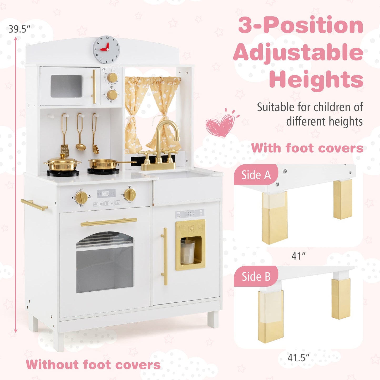 Play Kitchen for Kids Wooden Chef Pretend Playset with 3 Adjustable Heights Microwave