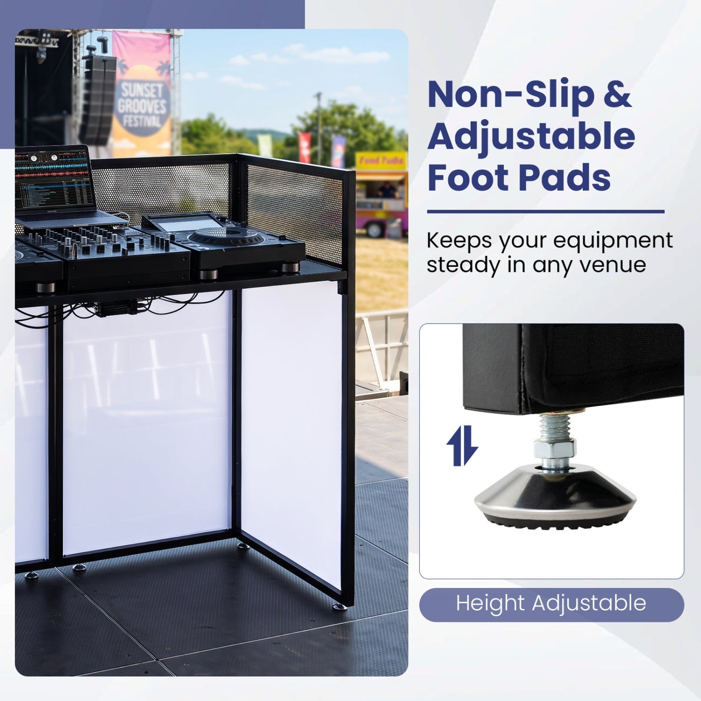 Portable DJ Booth with Adjustable Feet and Detachable Tabletop