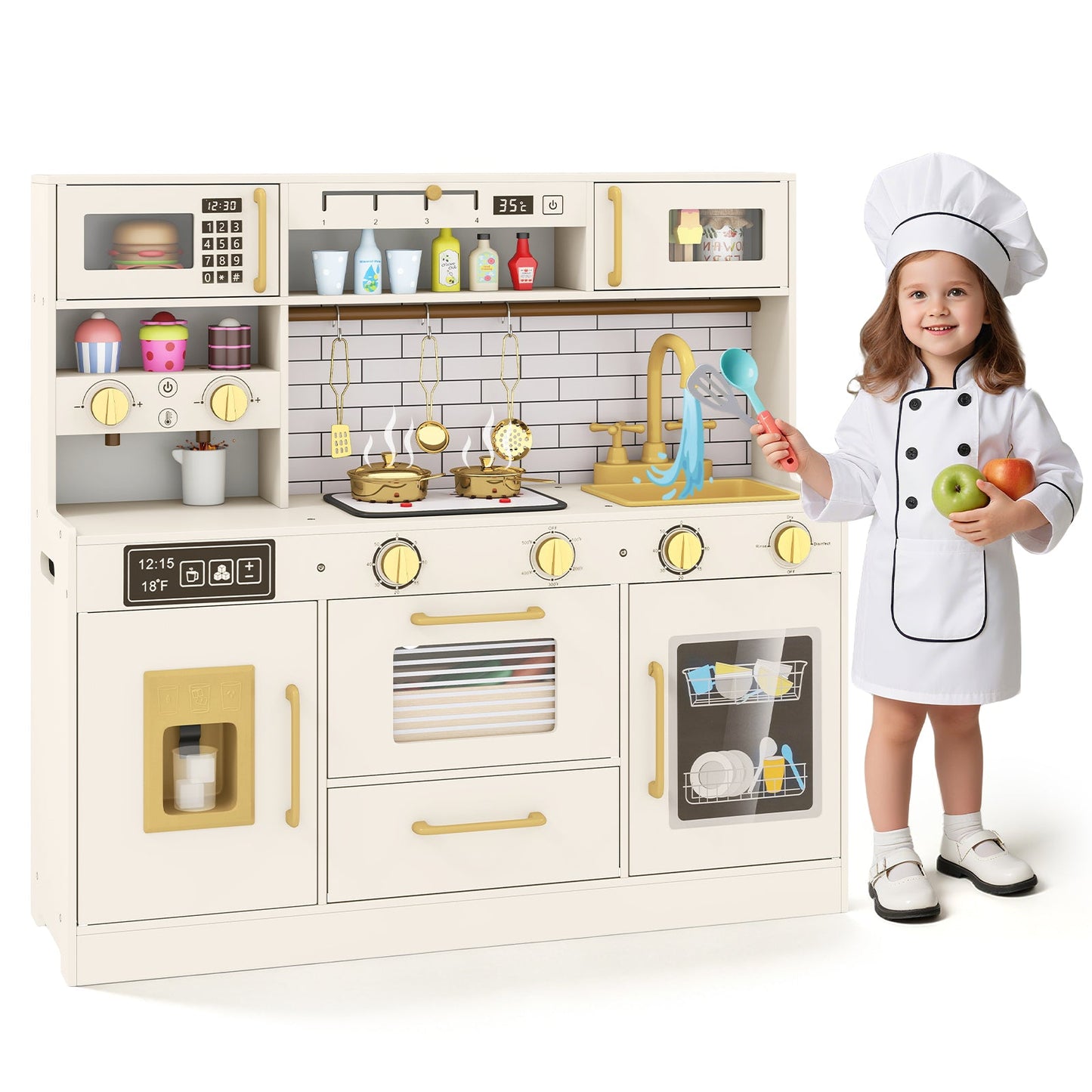 Pretend Toy Kitchen Set with Stoves and Water Dispenser-Beige
