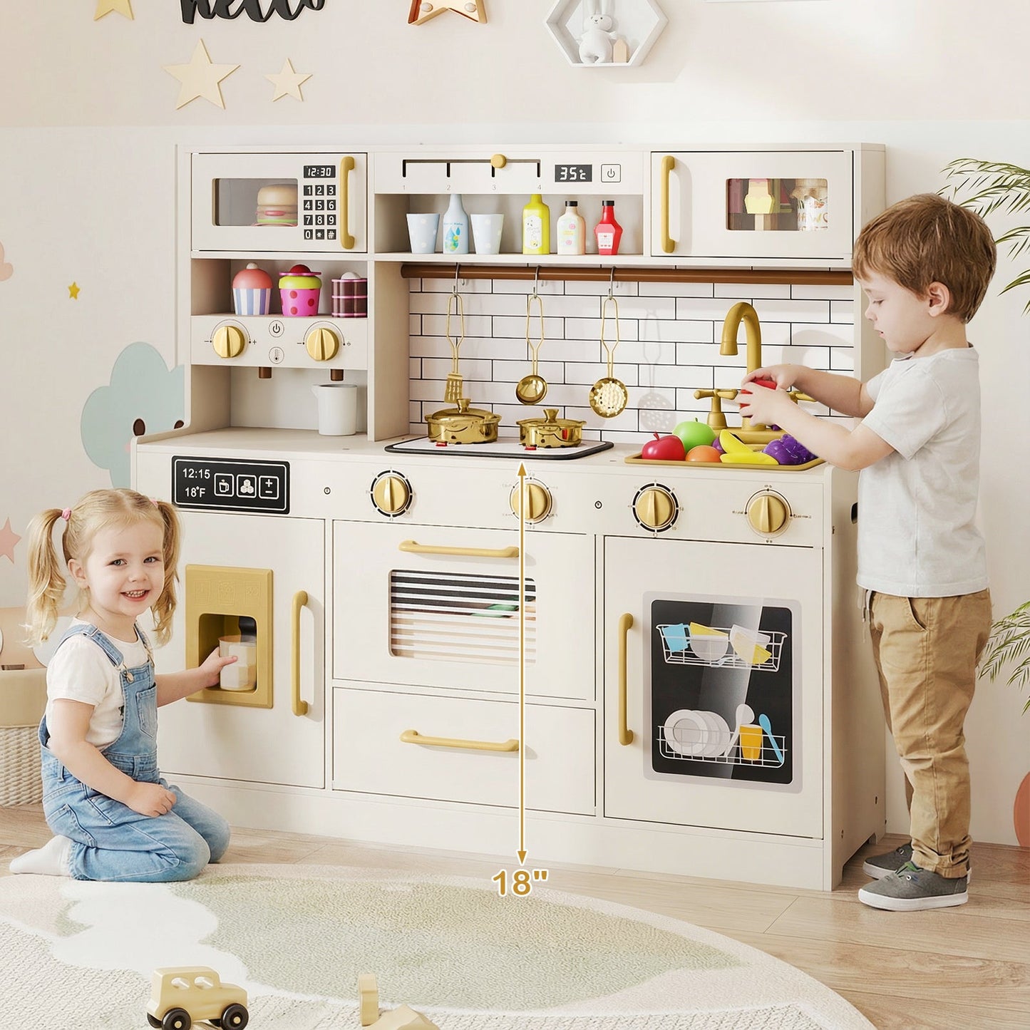 Pretend Toy Kitchen Set with Stoves and Water Dispenser-Beige