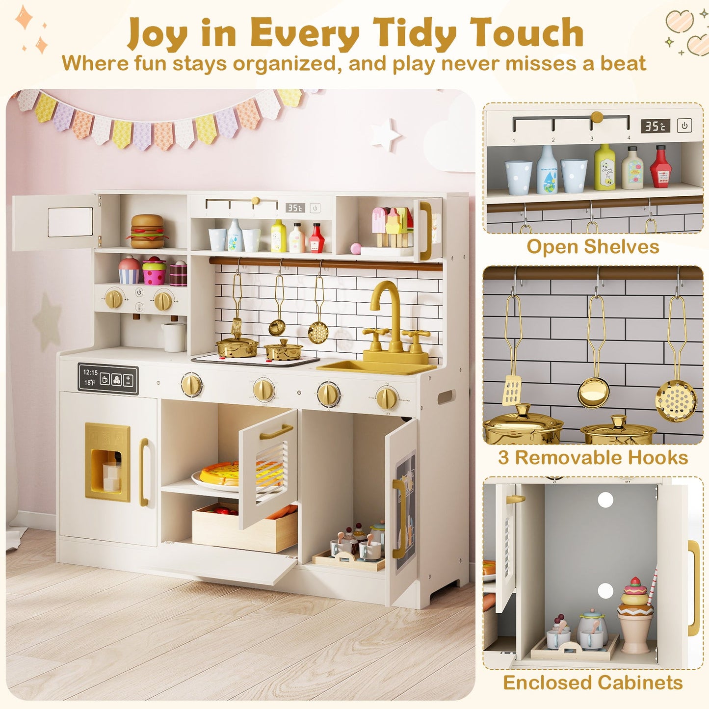 Pretend Toy Kitchen Set with Stoves and Water Dispenser-Beige
