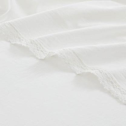 Queen Size 4 Piece 100-Percent Cotton Sheet Set in White with Lace Trim