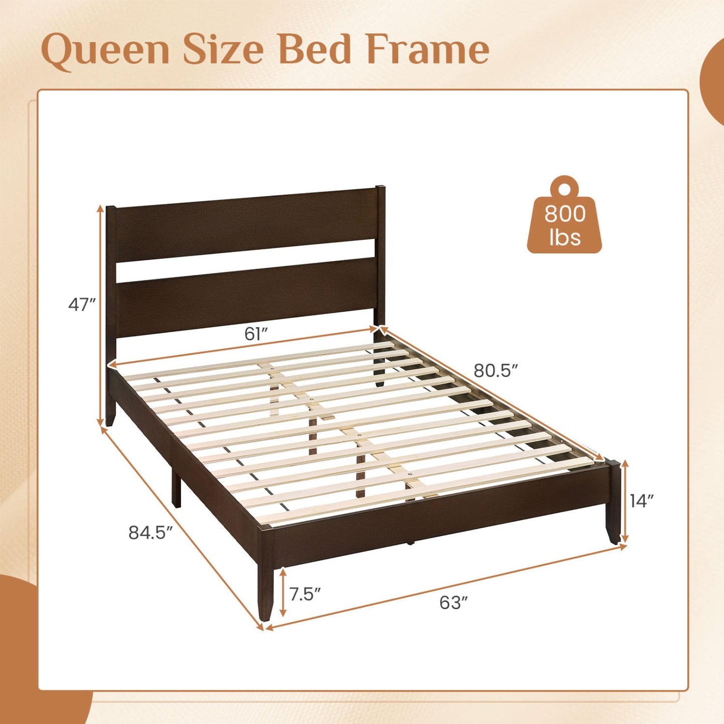 Queen Bed Frame with Headboard and Solid Wood Legs