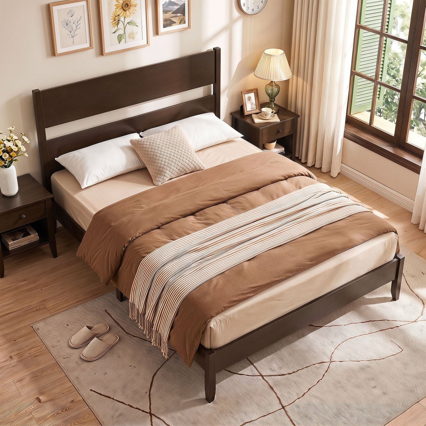 Queen Bed Frame with Headboard and Solid Wood Legs