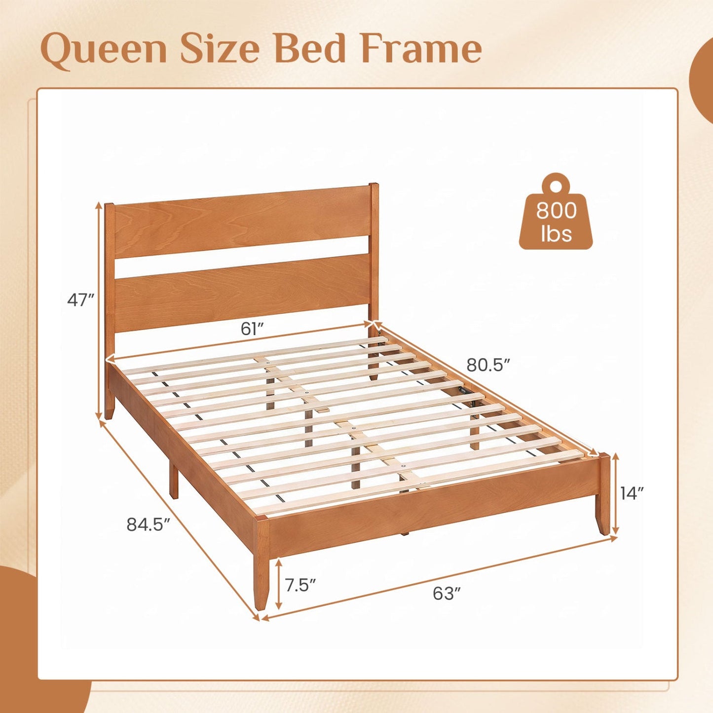 Queen Bed Frame with Headboard and Solid Wood Legs
