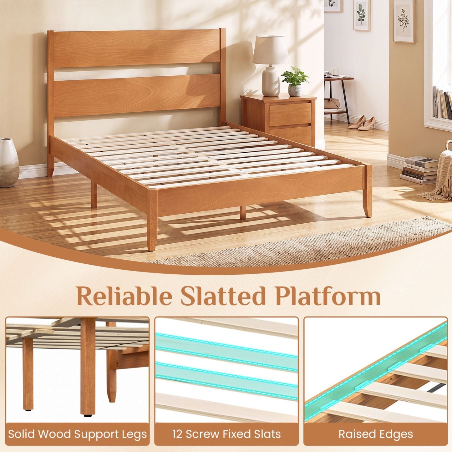 Queen Bed Frame with Headboard and Solid Wood Legs