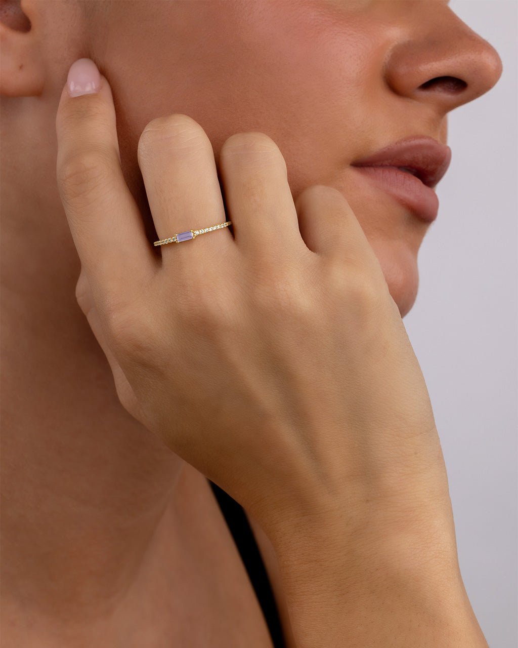 Sterling Silver Thin Moonstone CZ Stacking Birthstone Ring
