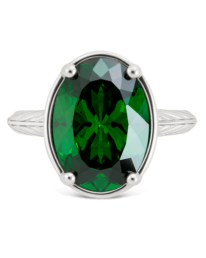 Sterling Silver Oval Cut Emerald CZ Cocktail Ring
