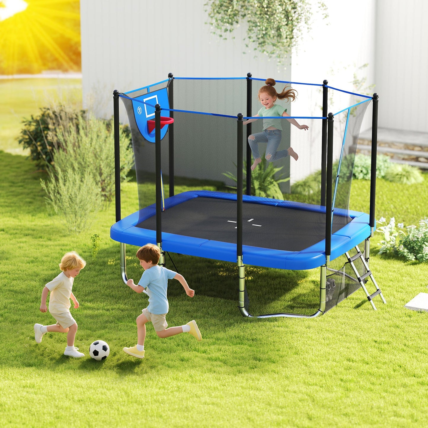Rectangle Outdoor Trampoline 10 x 8 FT Heavy-Duty Trampoline with Basketball Hoop