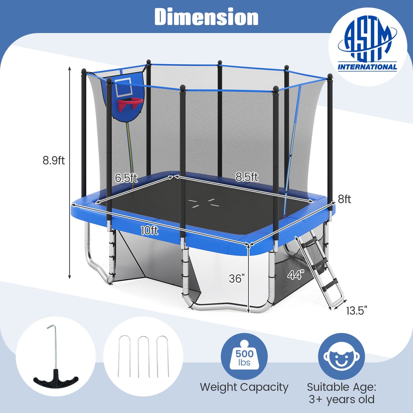 Rectangle Outdoor Trampoline 10 x 8 FT Heavy-Duty Trampoline with Basketball Hoop