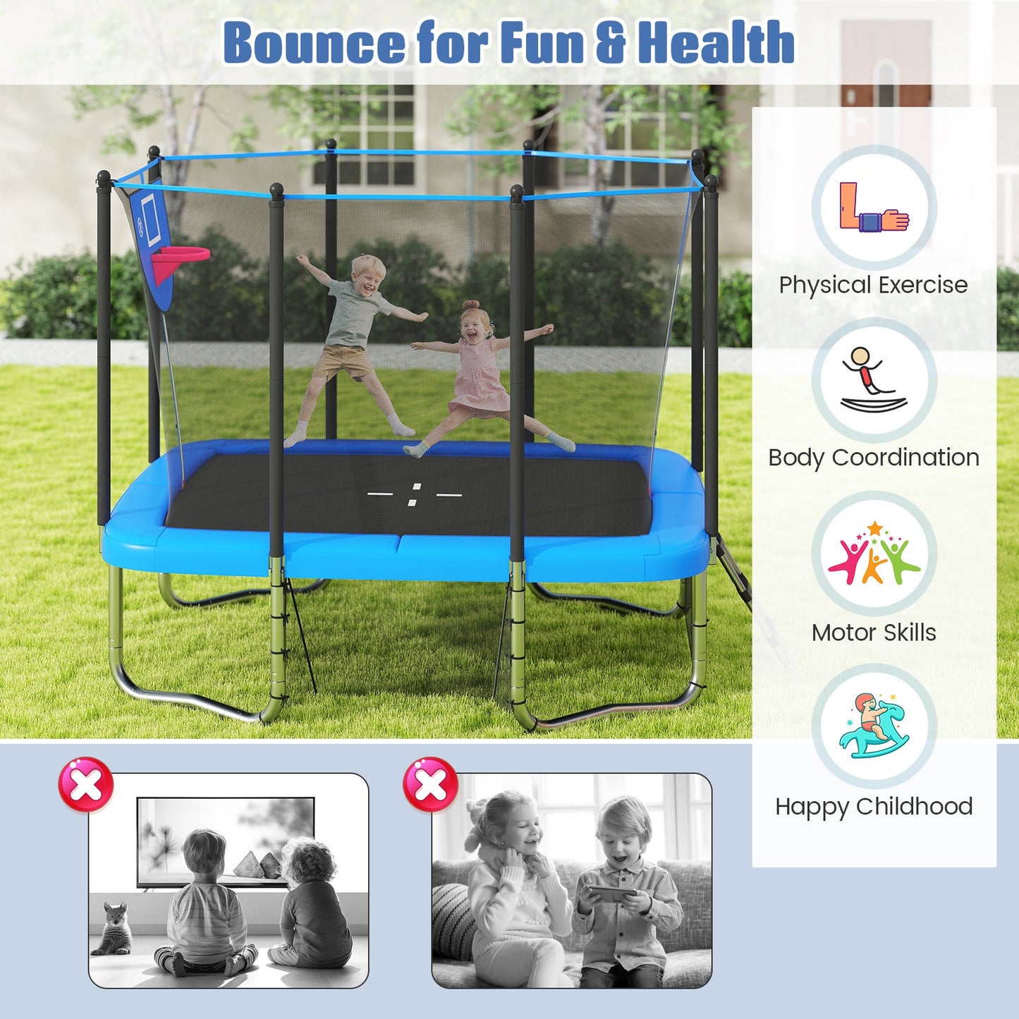 Rectangle Outdoor Trampoline 10 x 8 FT Heavy-Duty Trampoline with Basketball Hoop
