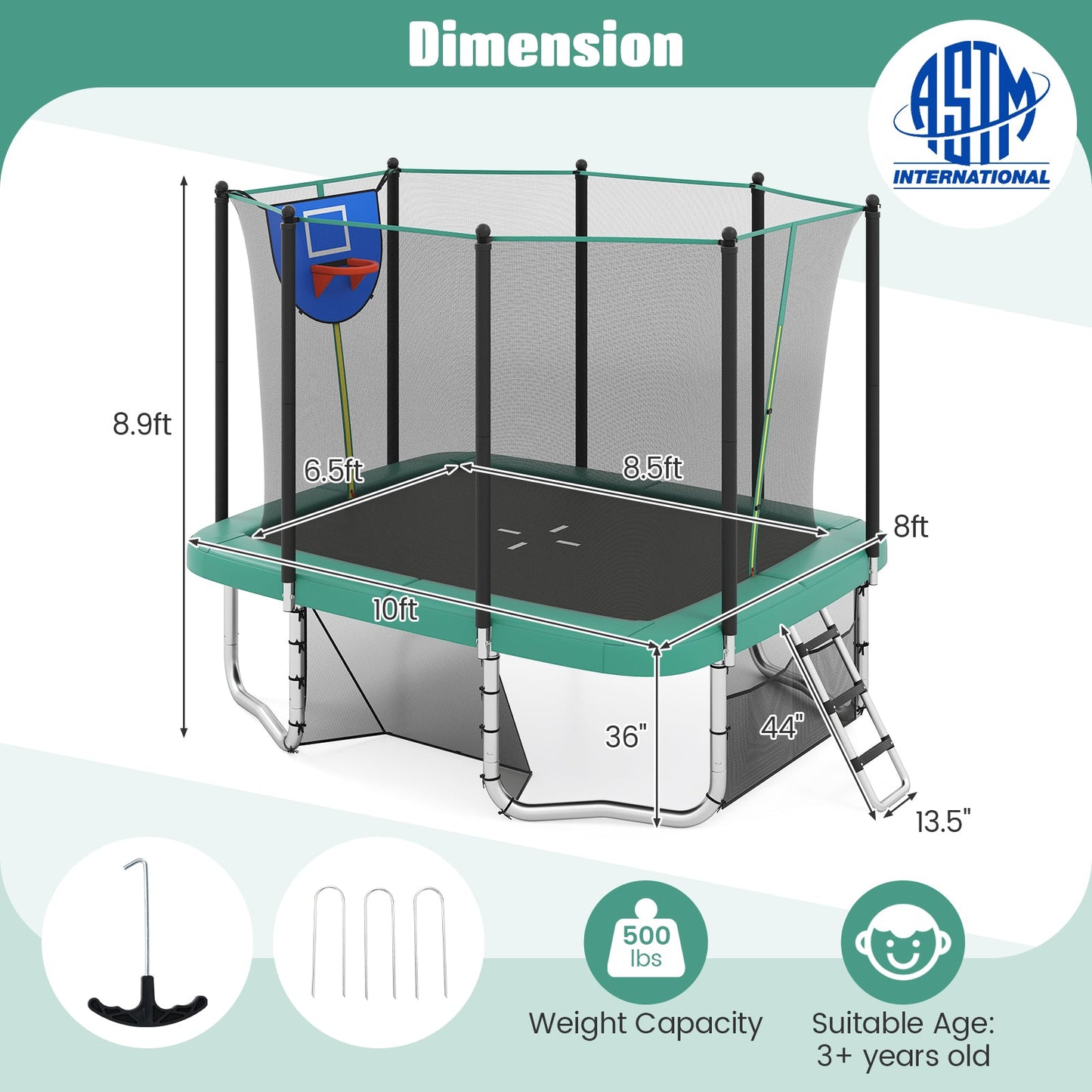 Rectangle Outdoor Trampoline 10 x 8 FT Heavy-Duty Trampoline with Basketball Hoop