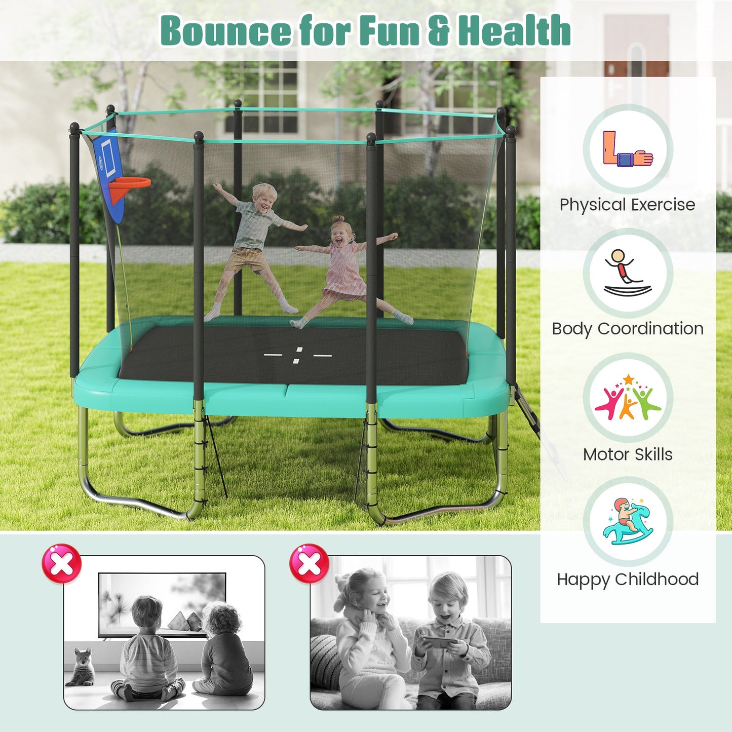 Rectangle Outdoor Trampoline 10 x 8 FT Heavy-Duty Trampoline with Basketball Hoop