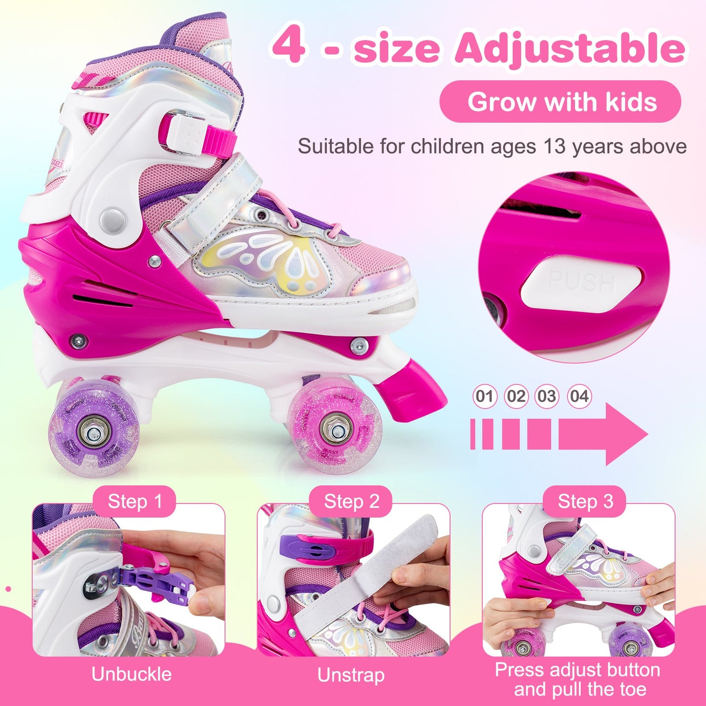 Roller Skates for Teens 4 Sizes Adjustable with Light-up Wheels for Boys Girls Ages 13+