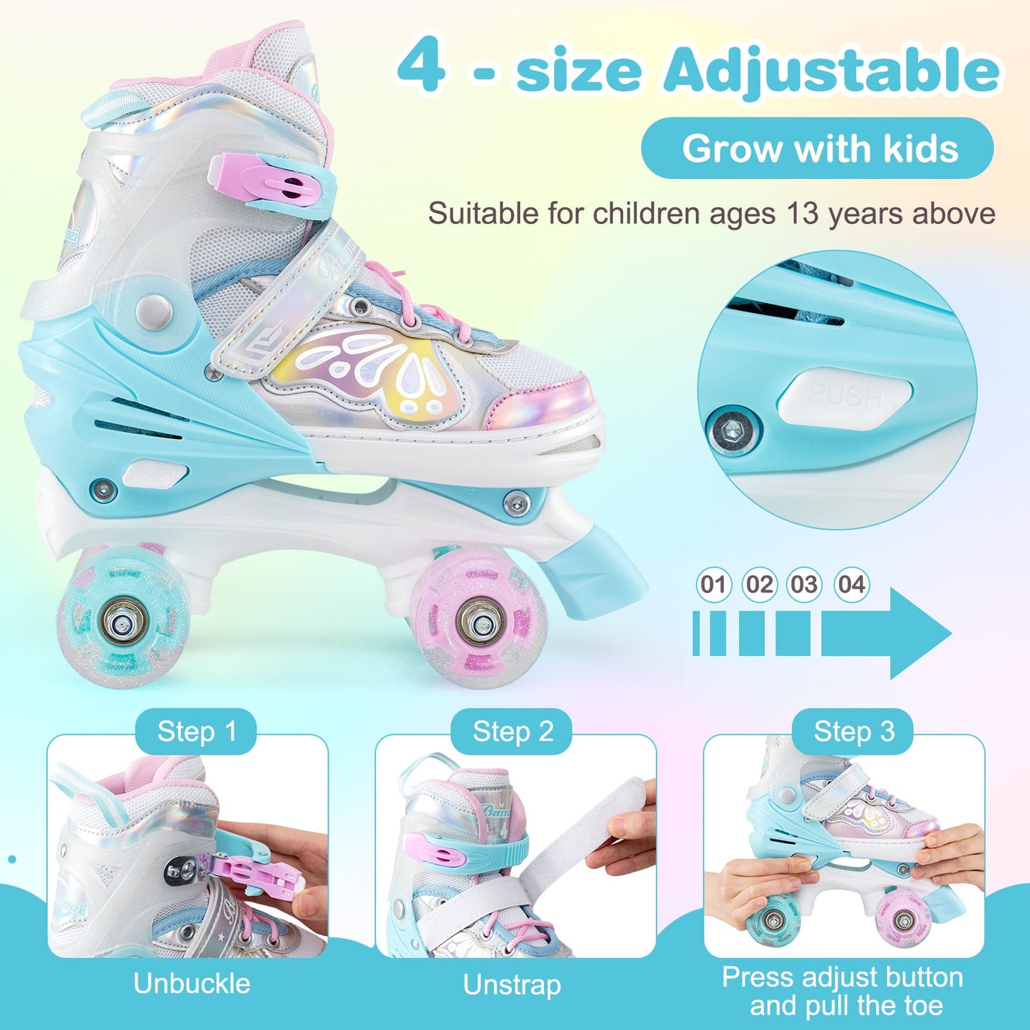 Roller Skates for Teens 4 Sizes Adjustable with Light-up Wheels for Boys Girls Ages 13+