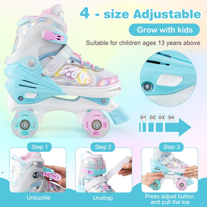 Roller Skates for Teens 4 Sizes Adjustable with Light-up Wheels for Boys Girls Ages 13+