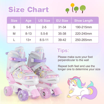 Roller Skates for Teens 4 Sizes Adjustable with Light-up Wheels for Boys Girls Ages 13+
