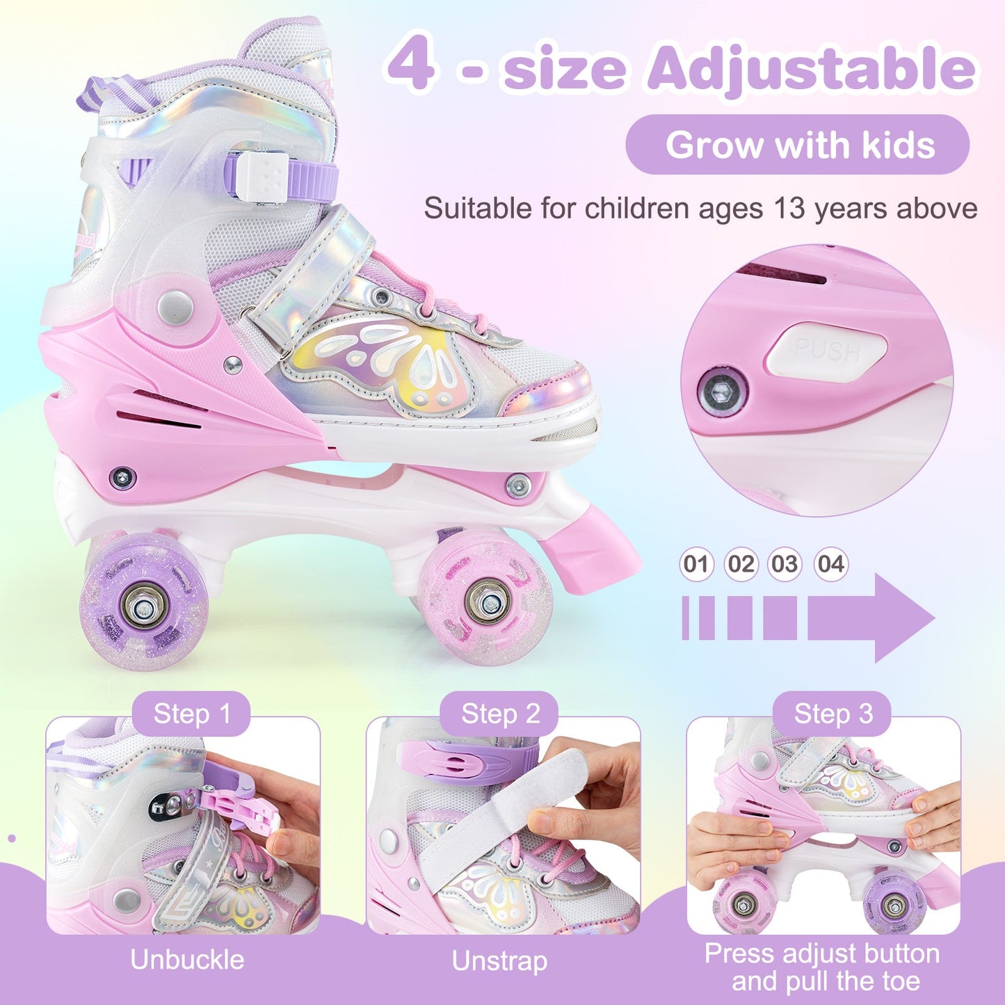 Roller Skates for Teens 4 Sizes Adjustable with Light-up Wheels for Boys Girls Ages 13+