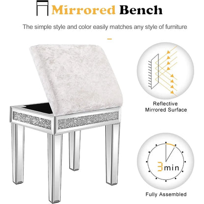 Mirrored Vanity Stool with Storage, Upholstered Velvet Ottoman, Makeup Dressing Table Bench with Sparking Diamonds, Silver