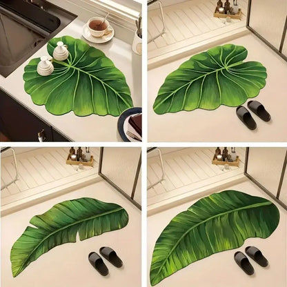 VIKAMA Bath Mat Non Slip Quick Dry Absorbent Green Shower Rug for Bathroom Floor Washable Rubber Mat with Leaf and Thin Design
