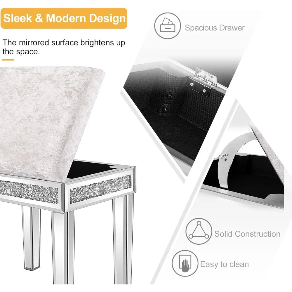 Mirrored Vanity Stool with Storage, Upholstered Velvet Ottoman, Makeup Dressing Table Bench with Sparking Diamonds, Silver