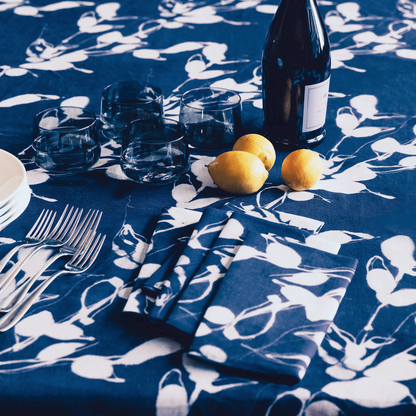 Porto Print Indigo Linen Tablecloth | Rectangle & Round | Goldie Home