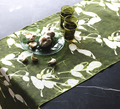 Porto Print Olive Linen Table Runner | 16x90 | Goldie Home