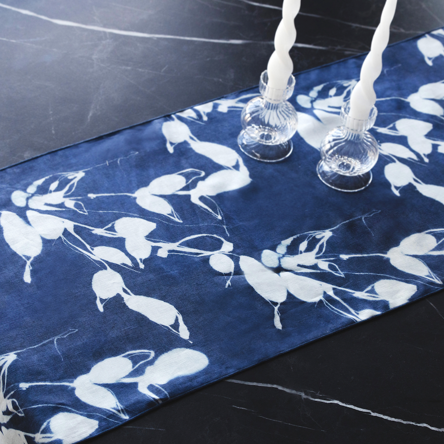 Porto Print Indigo Linen Table Runner | 16x90 | Goldie Home