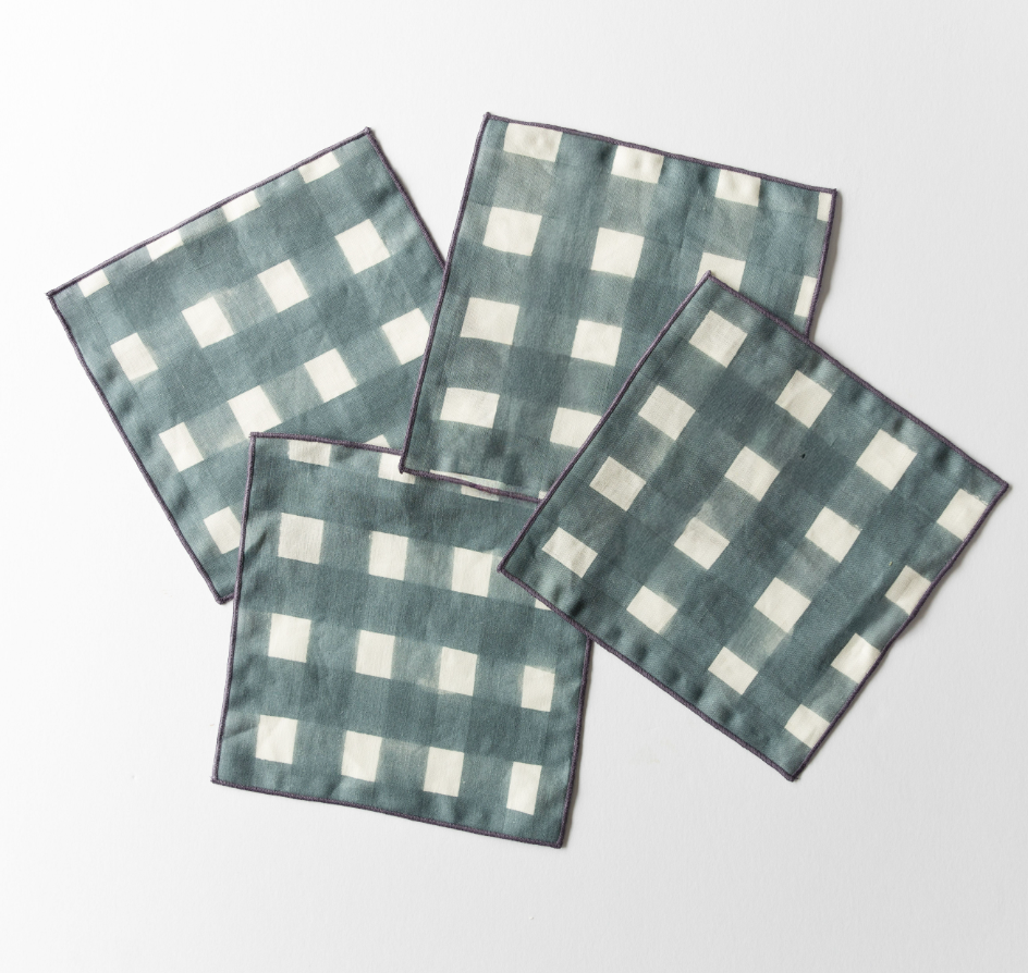 Blue Cross-Hatch Linen Cocktail Napkins | Set of 4 | Goldie Home
