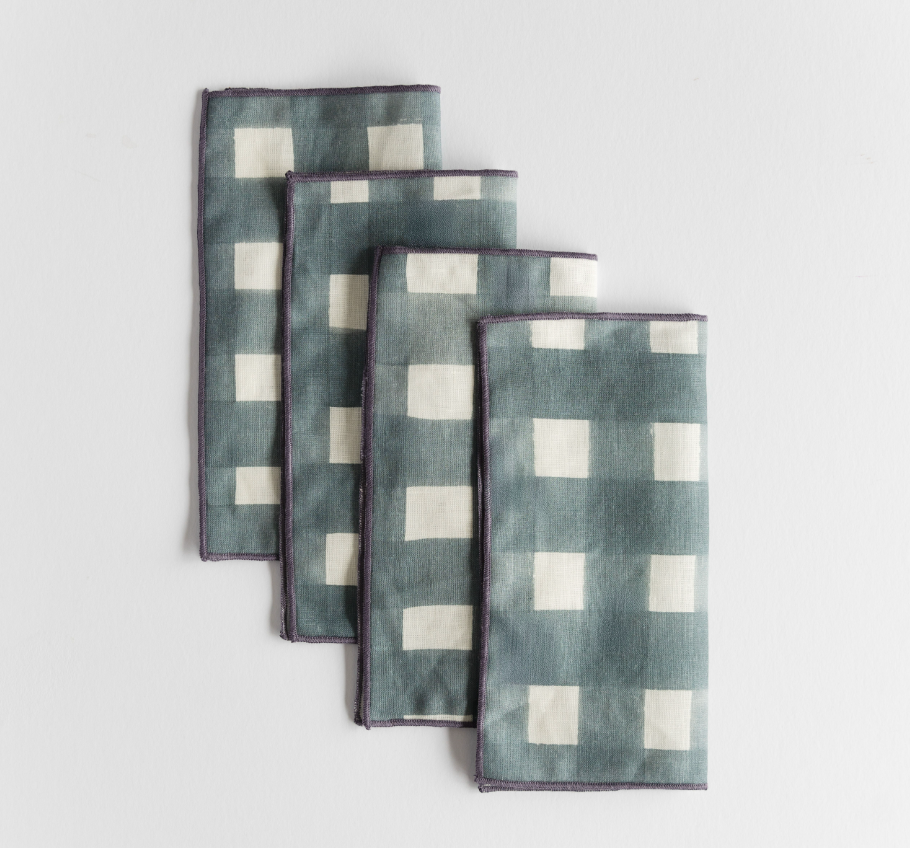 Blue Cross-Hatch Linen Cocktail Napkins | Set of 4 | Goldie Home