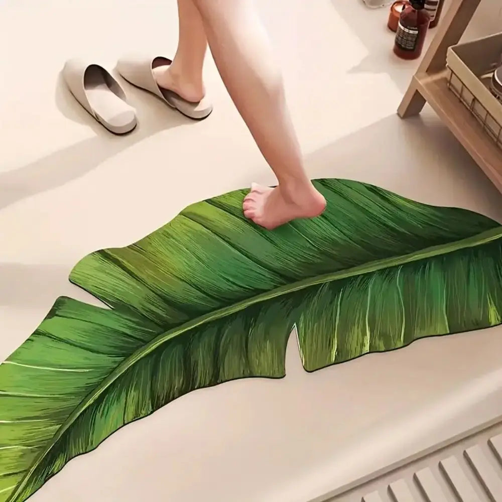 VIKAMA Bath Mat Non Slip Quick Dry Absorbent Green Shower Rug for Bathroom Floor Washable Rubber Mat with Leaf and Thin Design