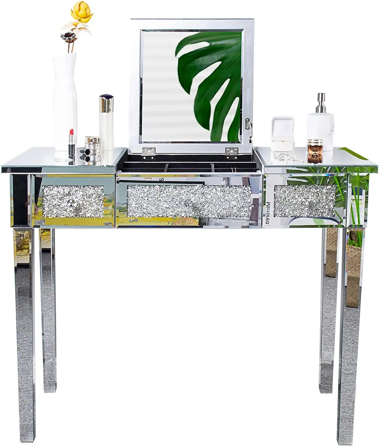 Mirrored Vanity Stool with Storage, Upholstered Velvet Ottoman, Makeup Dressing Table Bench with Sparking Diamonds, Silver