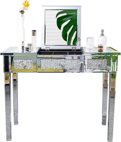 Mirrored Vanity Stool with Storage, Upholstered Velvet Ottoman, Makeup Dressing Table Bench with Sparking Diamonds, Silver