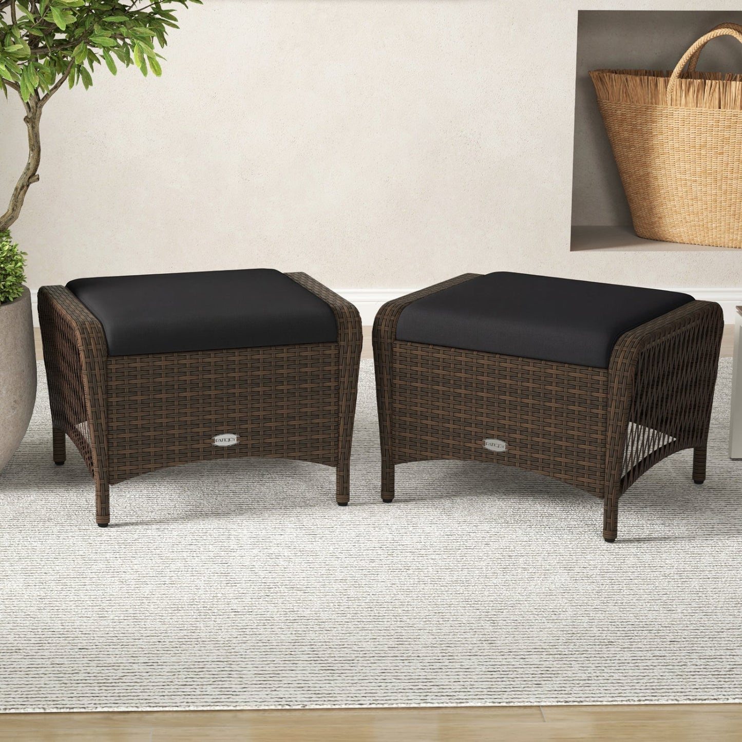 Outdoor PE Wicker Ottomans Set of 2 with Removable Cushions