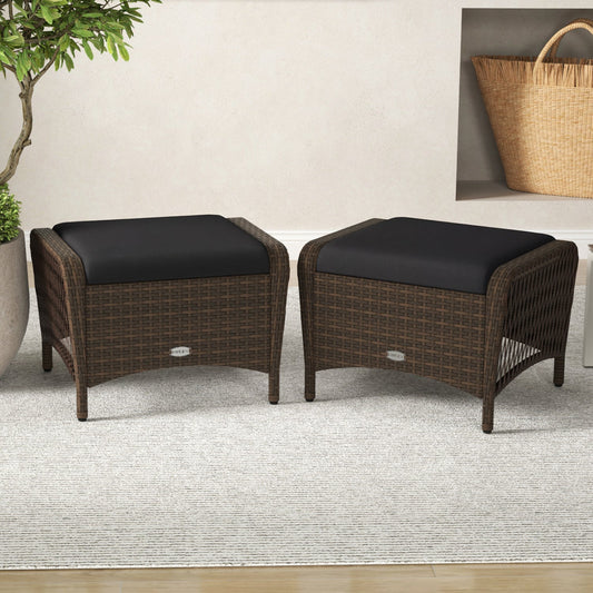 Outdoor PE Wicker Ottomans Set of 2 with Removable Cushions