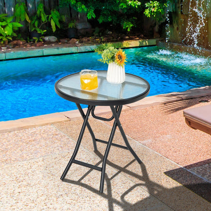 Round Folding Patio Side Tables with Tempered Glass Top