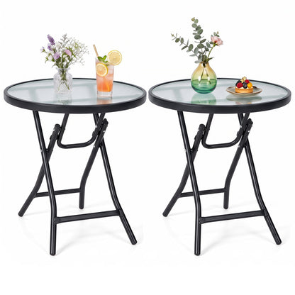 Round Folding Patio Side Tables with Tempered Glass Top