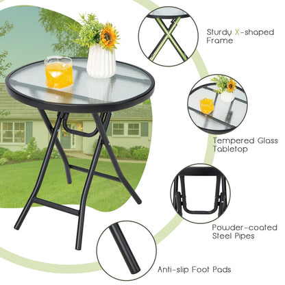 Round Folding Patio Side Tables with Tempered Glass Top