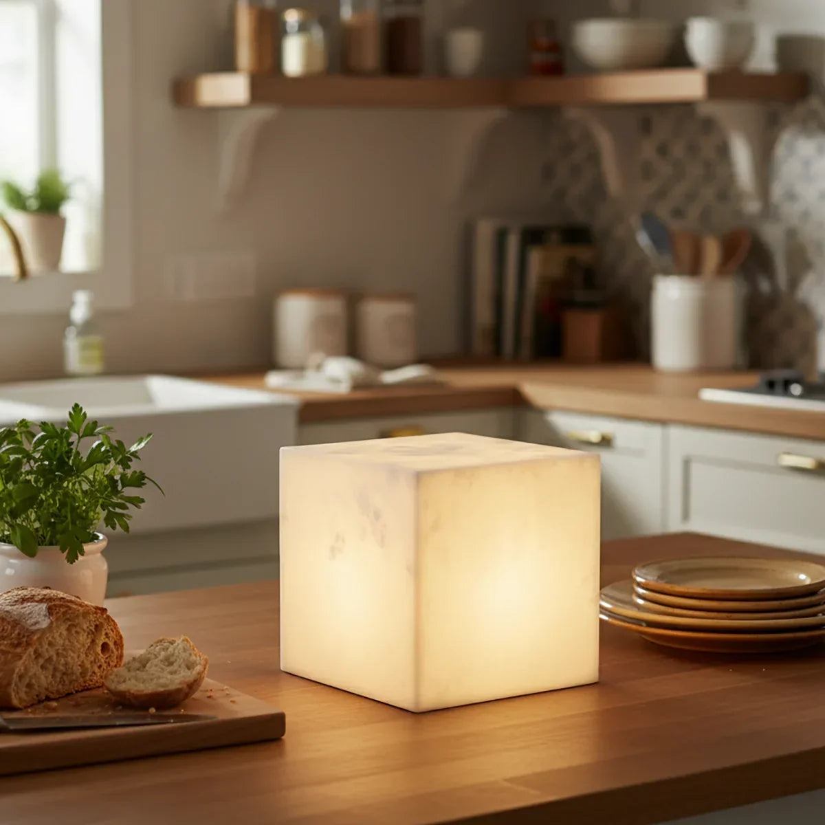 Simple Alabaster Cube Table Lamp