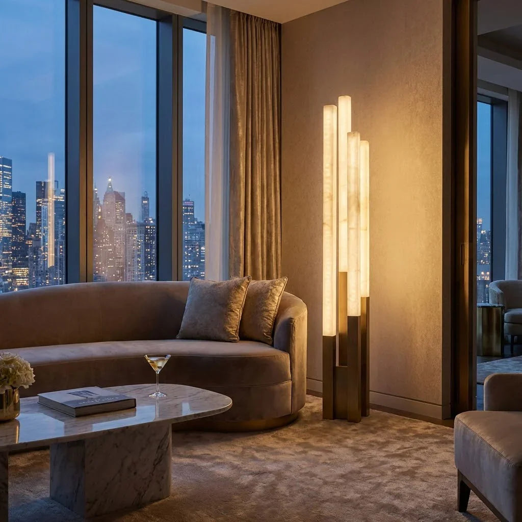 Staggered Natural Alabaster Pillar Floor Lamp