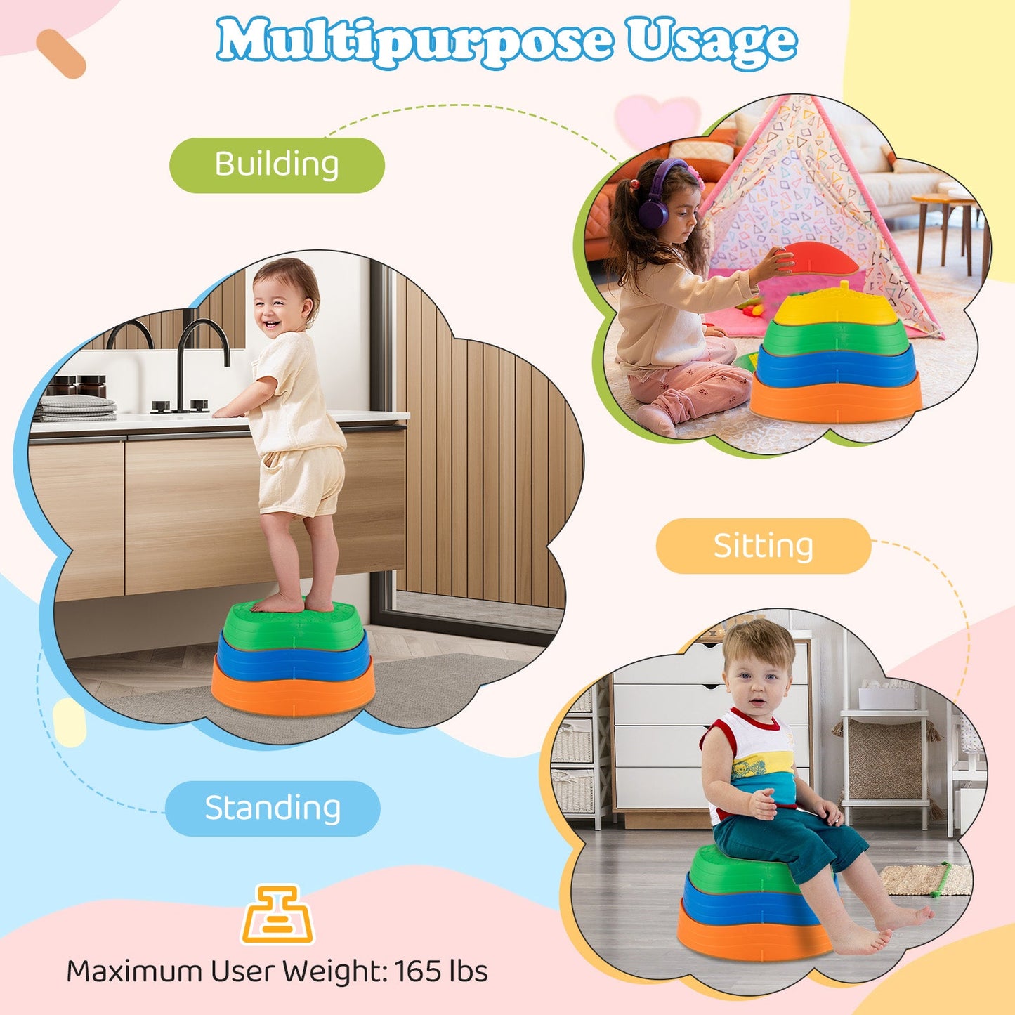 Stepping Stones for Kids 5 PCS Non-Slip Balance Stones with Storage Bag