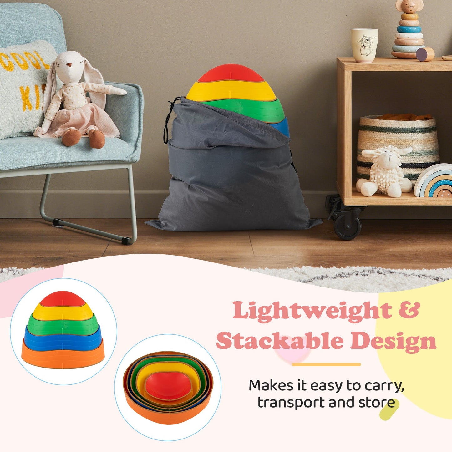 Stepping Stones for Kids 5 PCS Non-Slip Balance Stones with Storage Bag