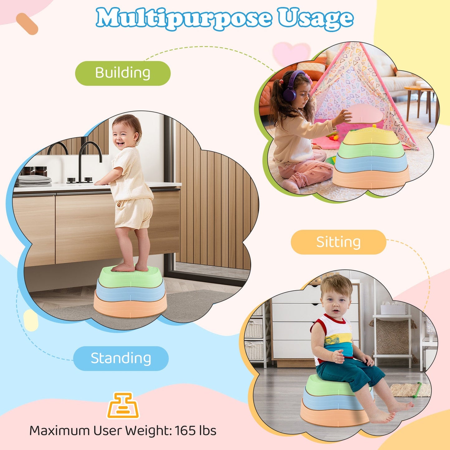 Stepping Stones for Kids 5 PCS Non-Slip Balance Stones with Storage Bag