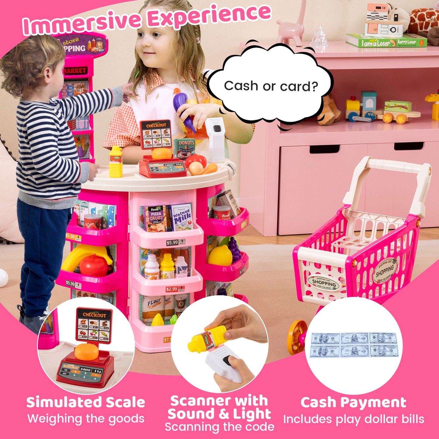 Supermarket Playset for Kids 76 PCS Pretend Play Grocery Store Set with Shopping Cart