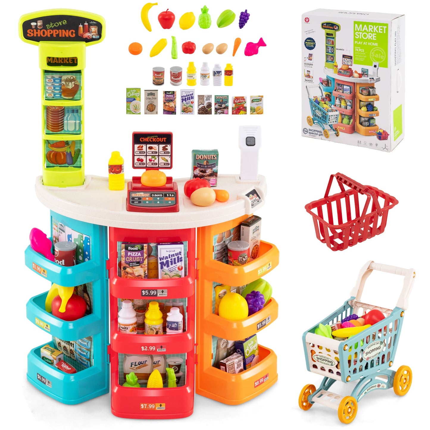 Supermarket Playset for Kids 76 PCS Pretend Play Grocery Store Set with Shopping Cart
