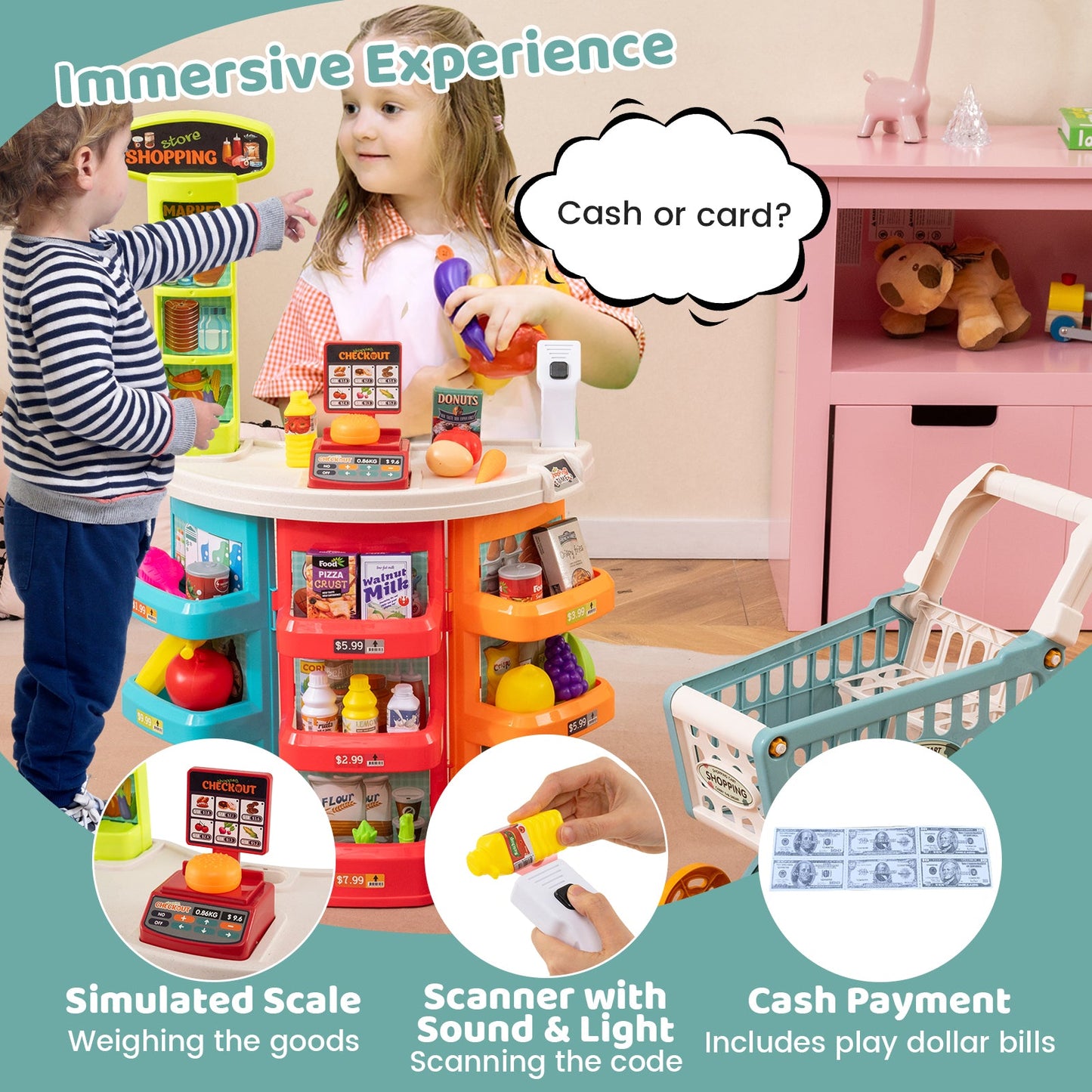 Supermarket Playset for Kids 76 PCS Pretend Play Grocery Store Set with Shopping Cart