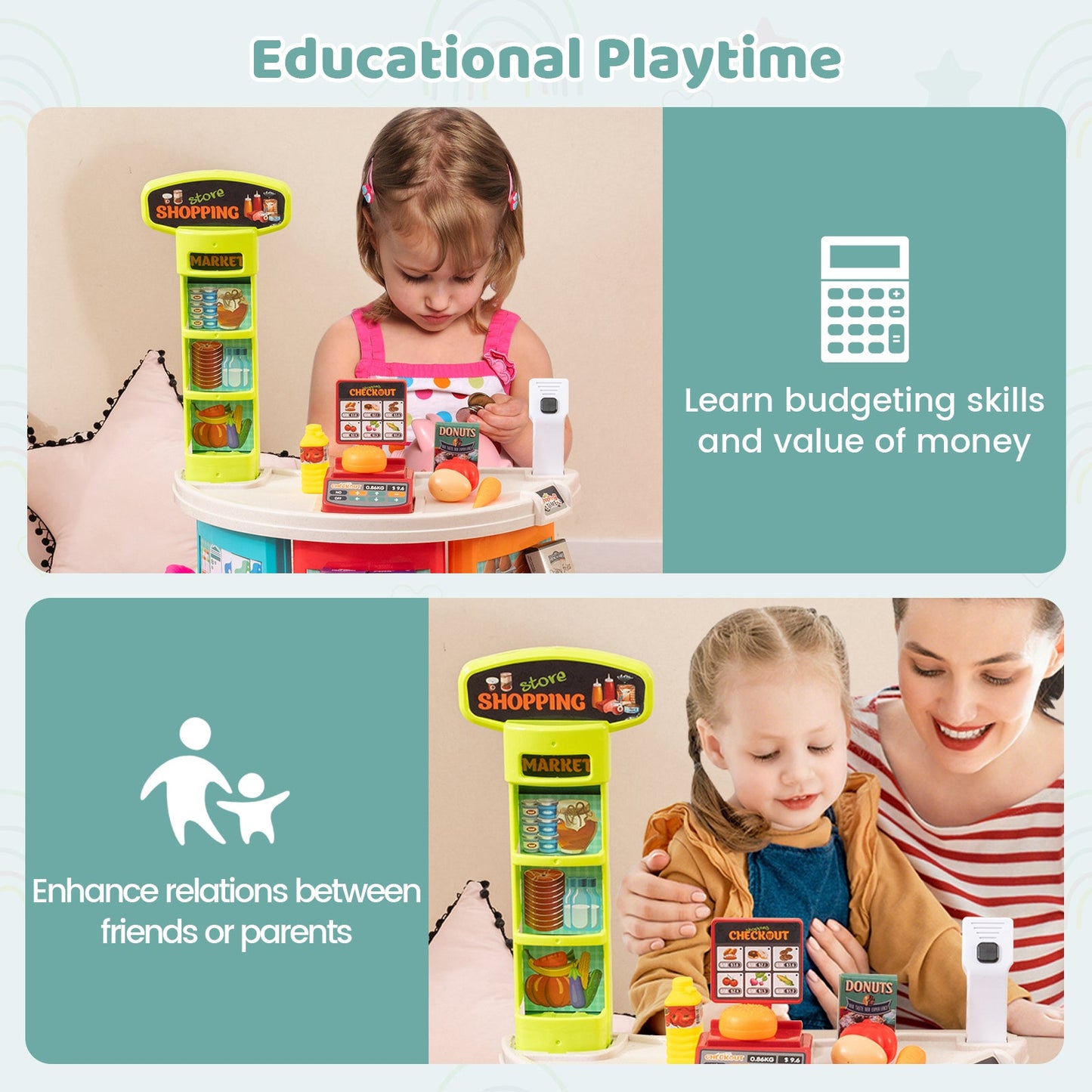 Supermarket Playset for Kids 76 PCS Pretend Play Grocery Store Set with Shopping Cart