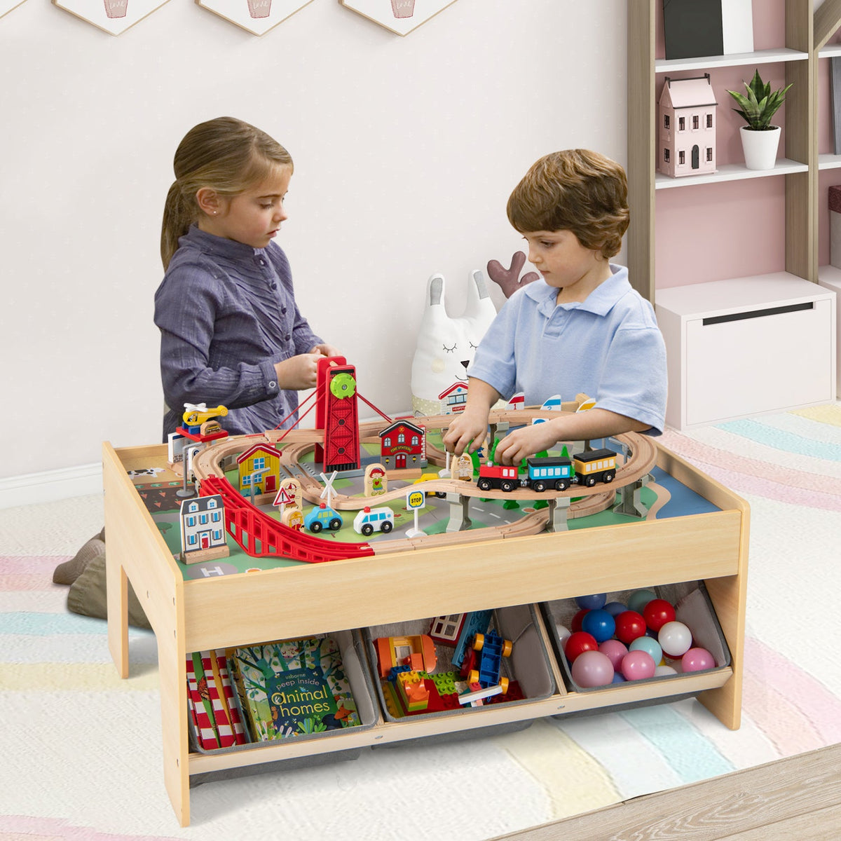 Wooden Train Set Table Kids Multipurpose Activity Play Table with 2 Reversible Tabletops-Red